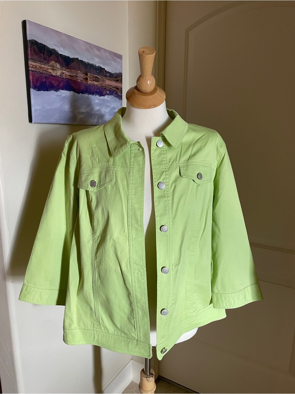 Christopher & Banks Lime Green Denim Jacket L Coastal Chic Spring Layer - Picture 3 of 5